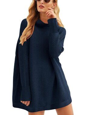 Women's Dark Blue Loose Fit Baggy Casual Knit Top Oversized Turtleneck Sweater